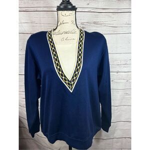 ECCO BAY Women Navy Blue V‎ Neck Sweater Long Sleeve Geometric Trim Size Large